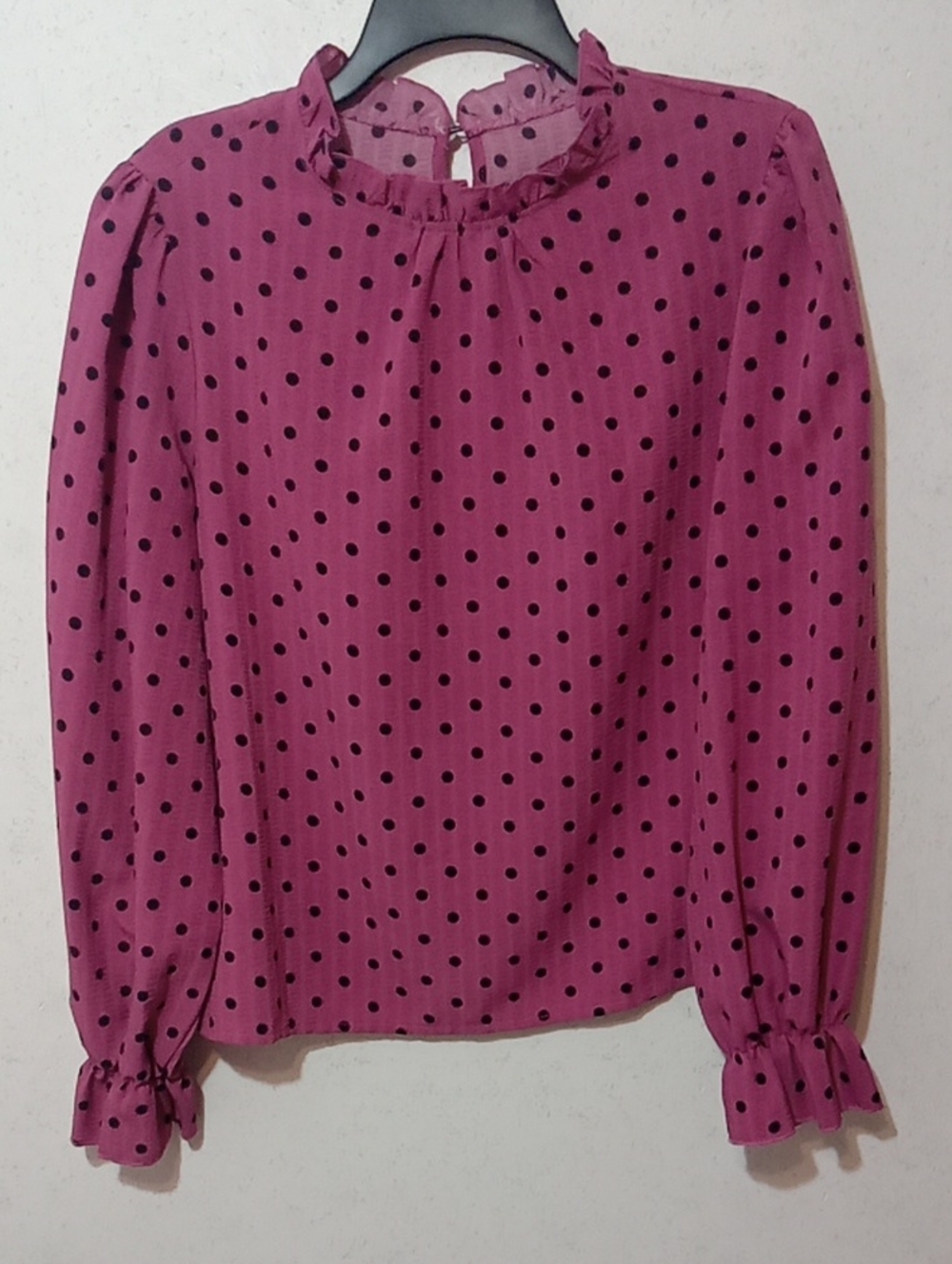 SHEIN Mauve Pink Polka Dot Ruffle-Neck Long Sleeve Blouse
